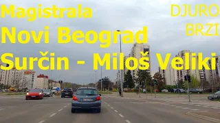 New Belgrade - Surčin - highway A2 (Miloš Veliki), Serbia, driving by car, March 2023