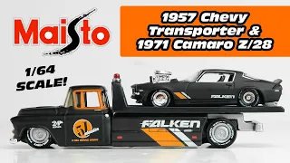 UNBOXING: Maisto Design 1957 Chevy Flatbed Transporter & 1971 Camaro Z/28 Split Bumper Falken Livery