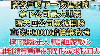 陪客戶喝了一夜進醫院，拿下公司最大專案，隔天回公司竟被開除，直接甩3000賠償讓我滾，摔下鍵盤走人 轉頭回家散心，誰料領導竟連夜飛到我家求我回去| 悅讀茶坊 | 愛情 | 情感 | 爽文