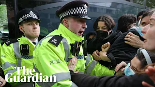 ‘Disrupt whenever possible’: police clash with protesters blocking bus to Bibby Stockholm