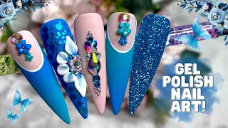 Gel Polish Nail Art Design: Blue and Teal Green Shades with 3D Flower and Glitter