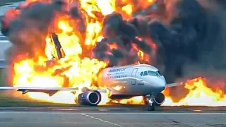 Sukhoi Superjet 100 aircraft on fire after a hard landing in Moscow.