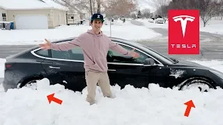 Driving Tesla Model 3 In DEEP Snow!