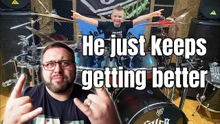 Drummer reacts to Caleb H - Panic Attack - Dream Theater / Drum Cover - Age 8!