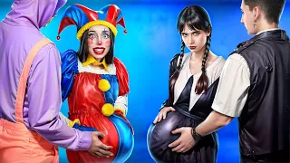 ¡Pomni de El Asombroso Circo Digital y Merlina tienen hijos! ¡TRUCOS PARA EMBARAZADAS DE SUPERHÉROES