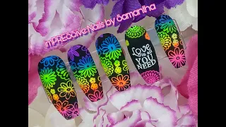 STAMPING WITH NEON PIGMENT POWDERS |  GEL POLISH NAIL ART |  FLOWER POWER | PRESS ON NAIL SET