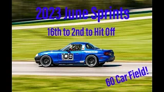 60 Car Field! Crazy Battle in Front pack!! 2023 SCCA June Sprints Spec Miata Race