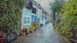 London Rain Walk in Upmarket Kensington & Chelsea - Mews, Grand Houses & Holland Park - 4K 60FPS