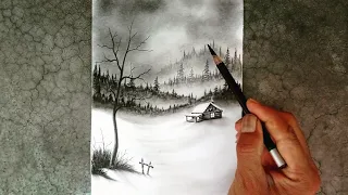 How to draw winter landscape by pencils with easy ways.