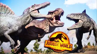 T-REX vs SPINOSAURUS vs GIGANOTOSAURUS in JURASSIC WORLD EVOLUTION 2