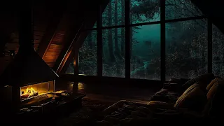 Cozy Attic Room Ambience w/ the Rain in the Mysterious Forest in the middle of the night & Fireplace