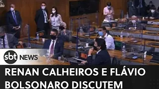 Renan Calheiros e Flávio Bolsonaro batem boca na CPI da CovidSenadores se xingaram de "vagabundo"