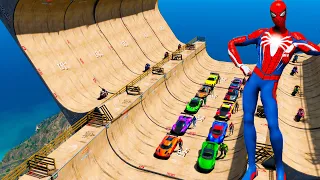 Supercar Ramp challenge GTA V Ragdoll Spiderman friends Nova Hulk Silk villains Pennywise Slenderman