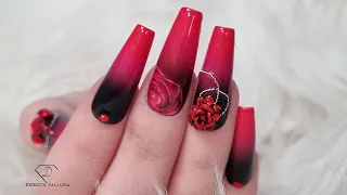 Black and red ombre nails. Gothic nails. Blooming gel rose nail art.