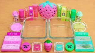 Strawberry Pink vs Green - Mixing Makeup Eyeshadow Into Slime ASMR