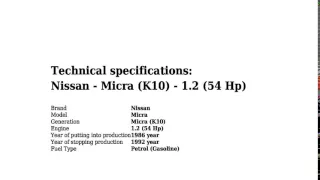 Nissan - Micra (K10) - 1.2 (54 Hp) - Technical specifications