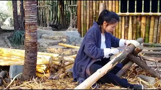 Good job！The beautiful girl works hard to build a wooden house (pavilion)