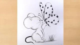 Little Mouse with big Butterfly pencildrawing || Butterflydrawing