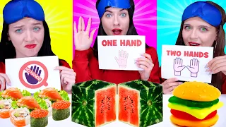 ASMR No Hands vs One Hand vs Two Hands Eating Challenge With Closed Eyes By LiLiBu #3