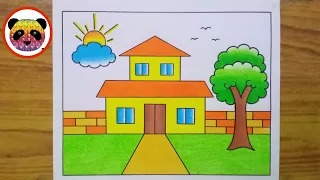 House Scenery Drawing 🏡 Ghar ka Chitra 🏡 Easy to Drawing and Painting