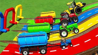 MINI & BIG TRACTOR & TANKER vs DEEP WATER with PORTAL TRAP - TRACTORS vs SLIDE COLORS! FS22