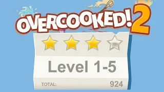 Overcooked 2. Level 1-5. 4 stars. 2 player Co-op