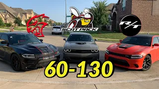 5.7 RT vs 6.4 Scatpack vs 6.2 Hellcat - 60-130mph Test using Dragy