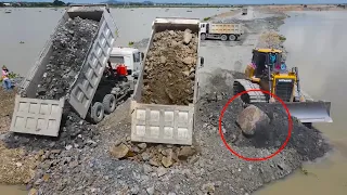 Incredible Nice Operator Skills Bulldozer, Dump Truck Push Moving Stone  Build Road on Huge Lake