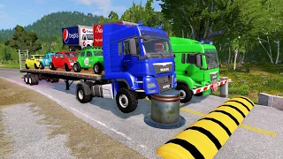 Double Flatbed Trailer Truck vs Speedbumps Train vs Cars Beamng.Drive #36