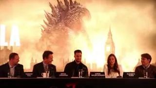 Elizabeth Olsen, Aaron Taylor-Johnson and Bryan Cranston Talk Godzilla At Press Conference