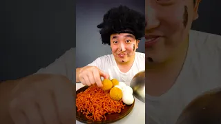 Fire spiy noodle, BBURINKLE Cheese balls, egg eating sounds Funny Mukbang #shorts