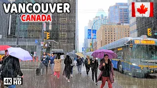 🇨🇦 【4K】⛈️⛈️⛈️ Heavy Rain in Downtown Vancouver BC. Travel Canada. Relaxing Walk. June 2024.