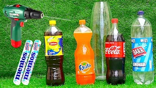 Experiment: Coca Cola, Fanta, Lipton, Lemonade VS Mentos and Drill
