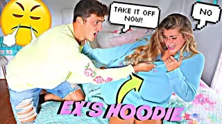 Wearing My EX BOYFRIENDS Hoodie To See How My Boyfriend Reacts! *He Ripped it*