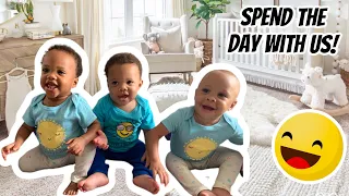 Mom's day in the life with triplets alone || Life with triplets