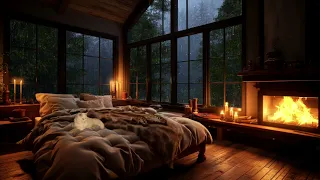 Rainy Day in the Forest, Cozy Bedroom with Crackling Fireplace