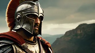 An ancient Greek warrior wearing a full helmet stands before a desolate landscape.