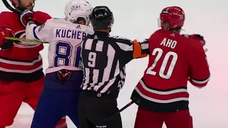 Nikita Kucherov goes to Sebastian Aho not happy with the penalty at the end of the game