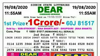 11:55 A.M. 19/08/2020 Sikkim State Lottery Dear Cherished Morning Result Live Today.