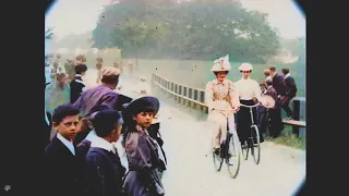 June 1899 Victorian Time Machine   Ladies Cycling Display in London Restored Film/HD with Coolors