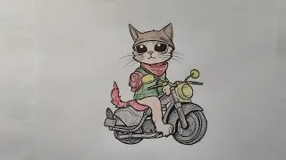 Complete the coloring picture of a cat riding a classic motorcycle