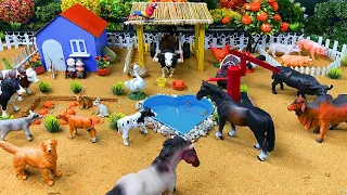 DIY Mini Farm Diorama with House for Cow, Pig, Horse | Mini Hand Pump Supply Water Pool for Animals