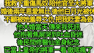 我救下重傷馬奴 陪他官至大將軍，婚後兩年恩愛無比，後他白月光被休 不顧被她羞辱之仇把我貶妻為妾，他大婚當天 傳來我死訊，抱著焦屍哭到吐血昏迷，後民間修醫仙金身紀念，已當上皇帝的將軍一看 徹底瘋了