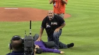 Wrestler Goldberg spears guy in purple on Legends of Wrestling Night