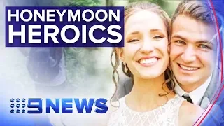 Newlywed wife saves husband from volcano fall | Nine News Australia