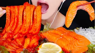 ASMR SALMON NOODLES NUCLEAR FIRE SAUCE SASHIMI 연어국수 핵불닭소스 연어 먹방 さけそば Cá hồi NO TALKING EATING SOUNDS