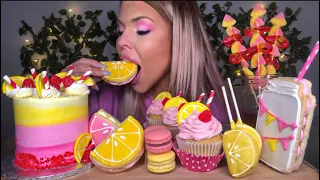 ASMR PINK LEMONADE FOODS, EDIBLE COOKIE JAR, PINK LEMONADE CAKE, MACARONS, CANDY KABOBS, MUKBANG 먹방