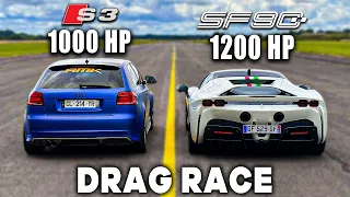 Tuned Ferrari SF90 v 1000hp Audi s3: DRAG RACE