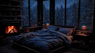 The ambiance felt from the window of the cabin on a cold snowy winter day | Warm, relaxing fireplace