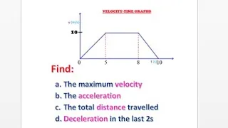 Finding maximum velocity, acceleration, total distance and deceleration on a velocity-time graph.